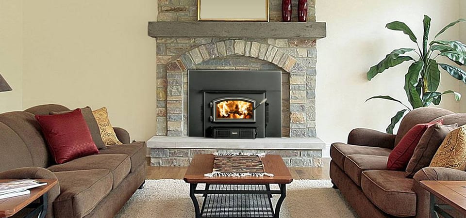 wood fireplace in a living room