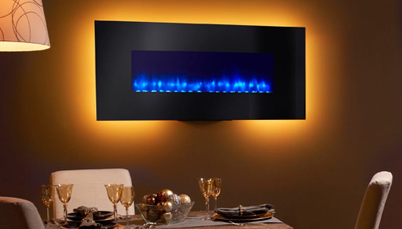 wall mounted electric fireplace in a dining room